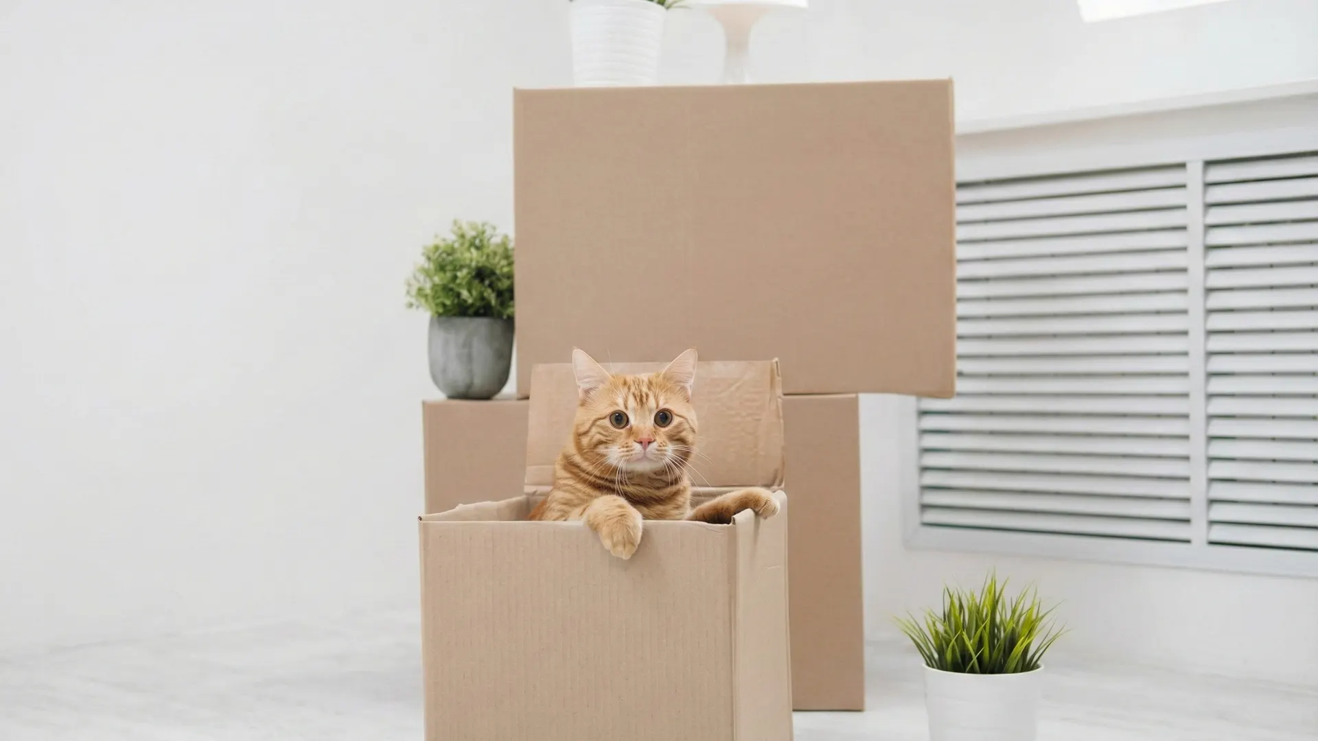 Moving boxes stacked with a cat sitting on top, ready for a Watford house move